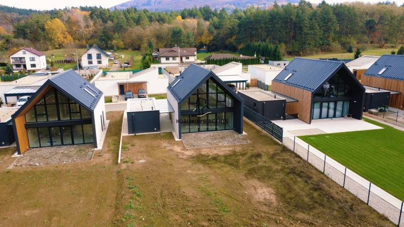 Rodinné domy na ulici Pod Drieňovou v Kamenici nad Cirochou, obklopené přírodou.