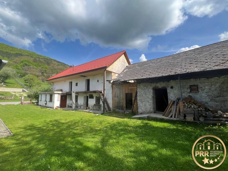 Venkovské domy s červenou střechou, kamenný exteriér, zelený trávník, les a modrá obloha.