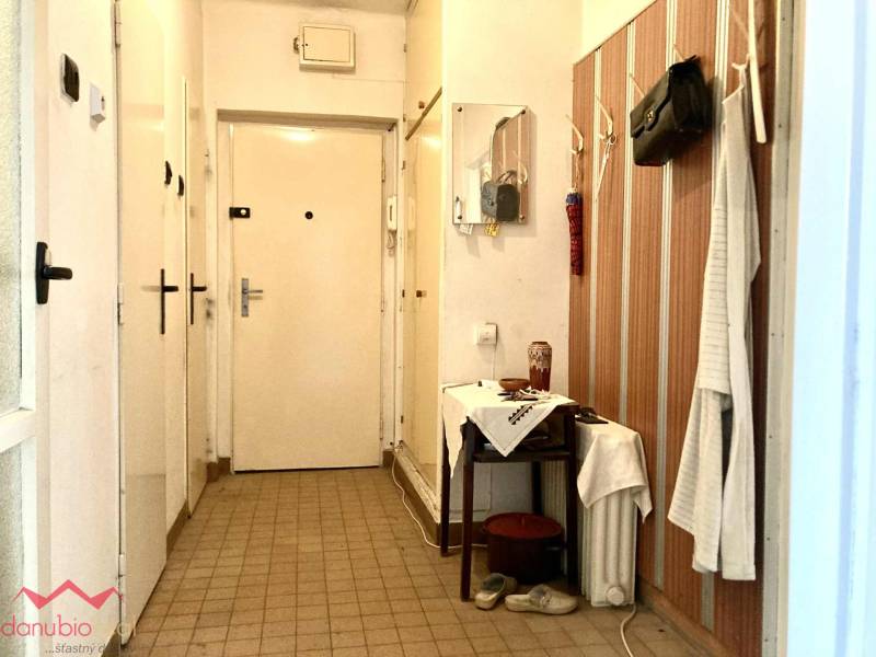 Vstupní chodba v 3-pokojovém bytě se stěnovým věšákem a zrcadlem.