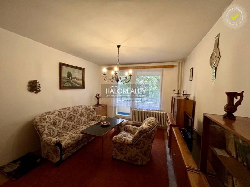 Obývací pokoj ve 4-pokojovém bytě s pohodlným nábytkem, obrázkem, lustrem a výhledem.