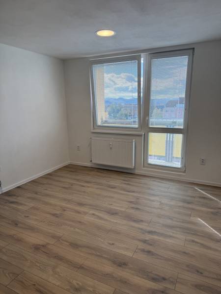 Garsonka s podlahou s dřevěným dekorem a velkým oknem, poskytujícím výhled do okolí.