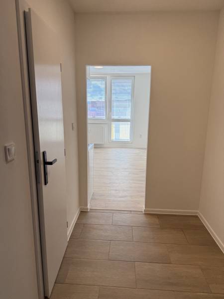 Garsonka s podlahou s dřevěným dekorem a velkými okny poskytuje světlý interiér.