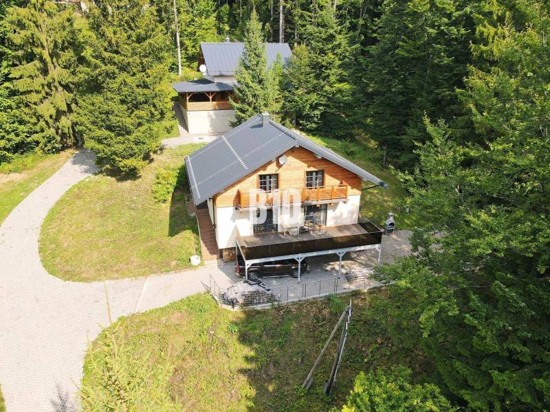 Chata v Terchové obklopená lesem, se sluneční terasou a přístupovou cestičkou.