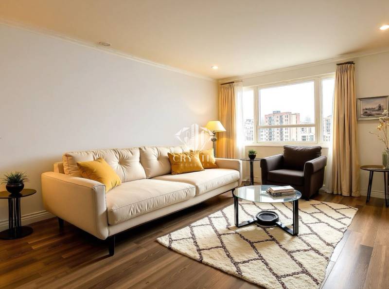 Světlý obývací pokoj s pohovkou v 3-pokojovém bytě, podlaha s dřevěným dekorem, velké okno.