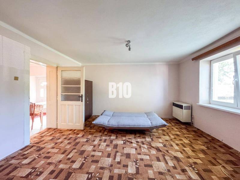 Obývací pokoj v rodinném domě s podlahou s dřevěným dekorem a pohovkou.