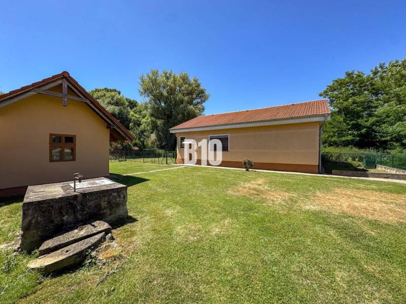 Dvůr rodinného domu v Nových Sadech se dvěma budovami a studnou, obklopený zelení.