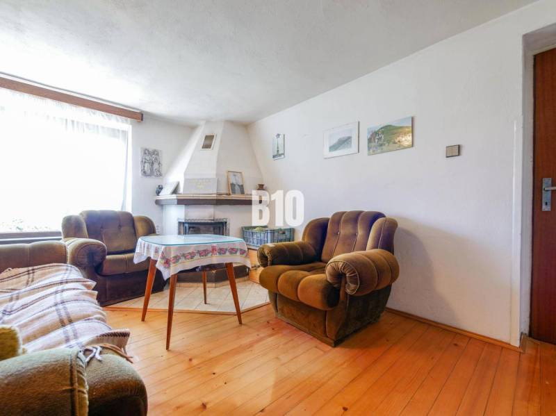 Rodinný dům s krbem, pohodlnými křesly a podlahou s dřevěným dekorem.