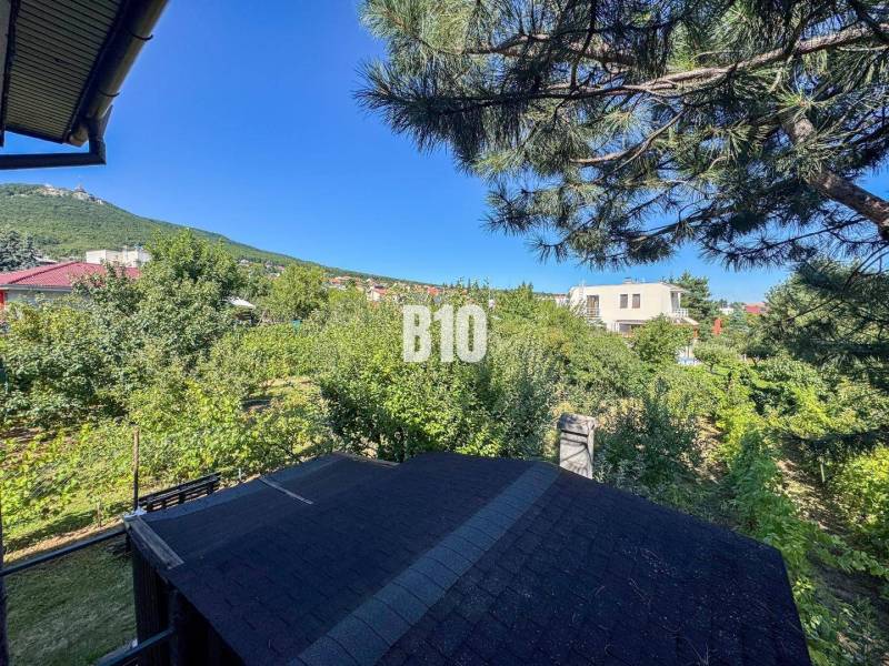 Zahrada u rodinného domu na Kamenné ulici v Nitře s výhledem na les.