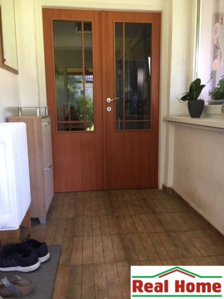 V rodinném domě: předsíň s dveřmi, podlaha s dřevěným dekorem, rostliny na parapetu.