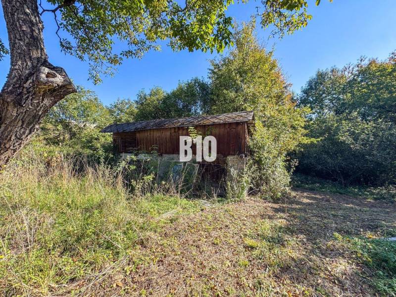 Chata v Lackově obklopená trávou a stromy během slunečného dne.