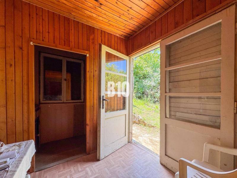 Dřevěný interiér chaty s otevřenými dveřmi do zahrady, Vinice.