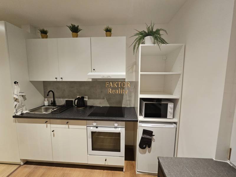 Kuchyně v garsonce s bílými skříňkami a podlahou s dřevěným dekorem.