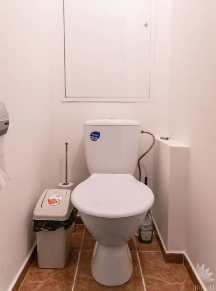 Koupelna s toaletou, odpadkovým košem a podlahou s dřevěným dekorem v 2-pokojovém bytě.