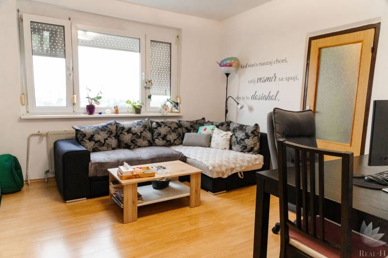 Obývací pokoj v 2-pokojovém bytě s rohovou sedačkou a podlahou s dřevěným dekorem.