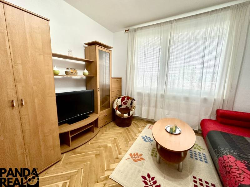 Garsonka s televizorem, červenou pohovkou a podlahou s dřevěným dekorem.