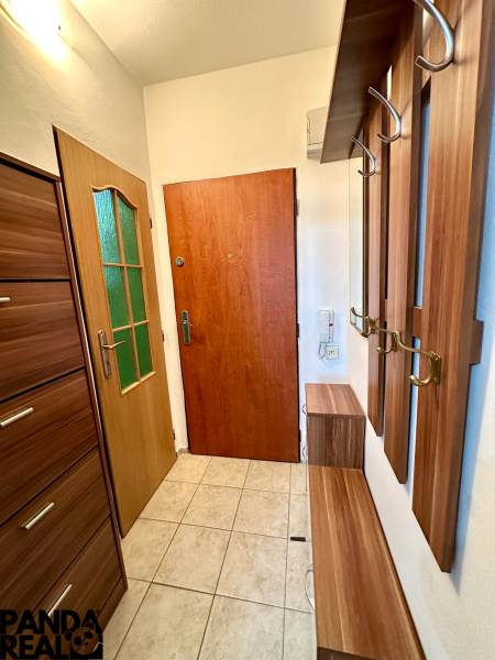 Garsonka se vstupní halou, dřevěnými zárubněmi a dlažbou, elegantní design a praktické úložné prostory.