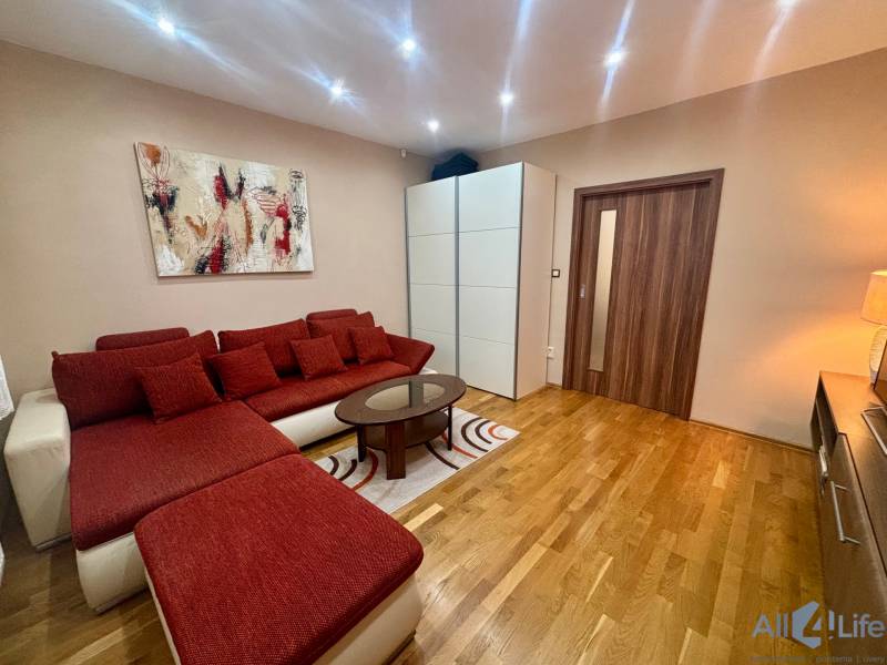 1-pokojový byt s červenou pohovkou, uměním na stěně a podlahou s dřevěným dekorem.