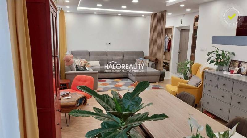 Obývací pokoj v 3-pokojovém bytě s posezením, květinami a podlahou s dřevěným dekorem.