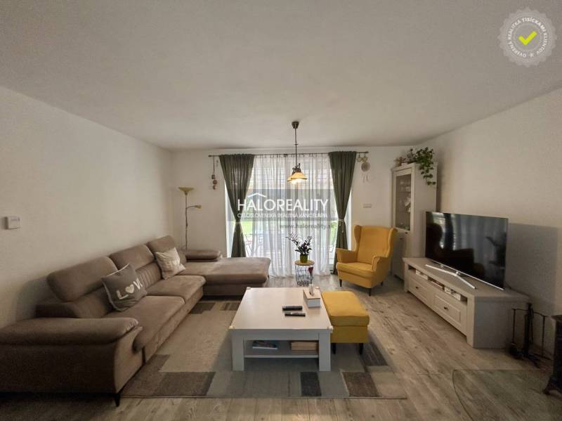 Obývací pokoj v rodinném domě s pohovkou, křeslem, televizí a květinami.