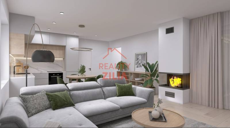 Obývací pokoj s rohovou sedačkou a krbem v rodinném domě s podlahou s dřevěným dekorem.