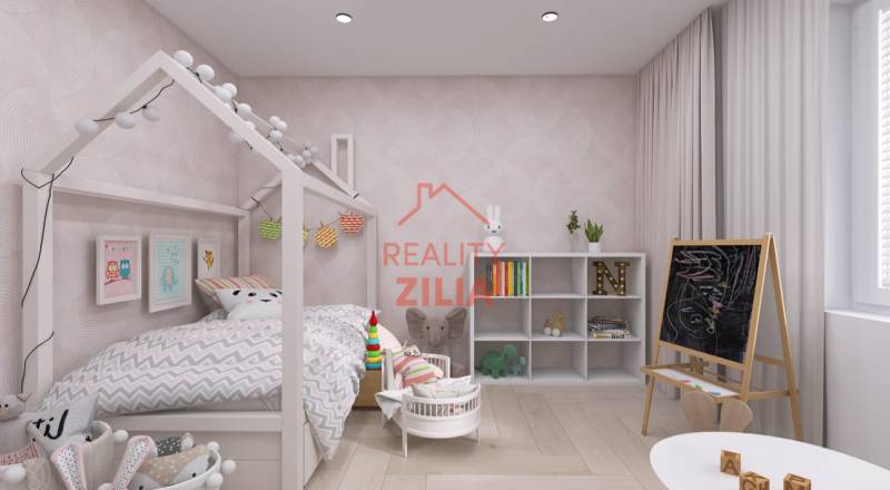 Dětský pokoj v rodinném domě se stanovým lůžkem, tabulí a úložnými policemi.