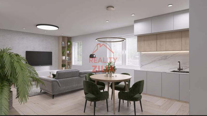 Obývací pokoj v rodinném domě s kuchyní, křesly a podlahou s dřevěným dekorem.