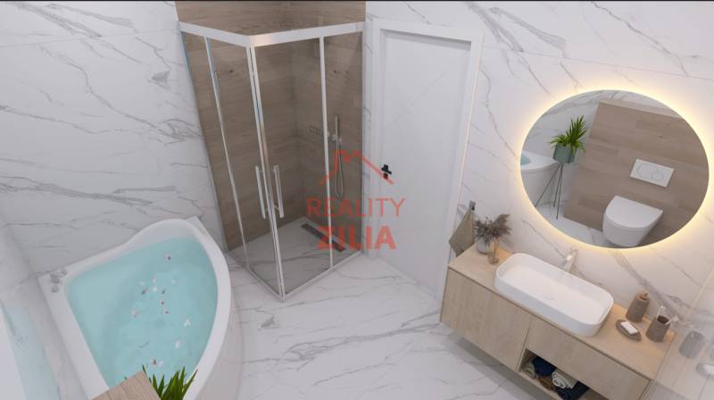 Koupelna v rodinném domě s vanou, sprchovým koutem a umyvadlem na bílé desce.