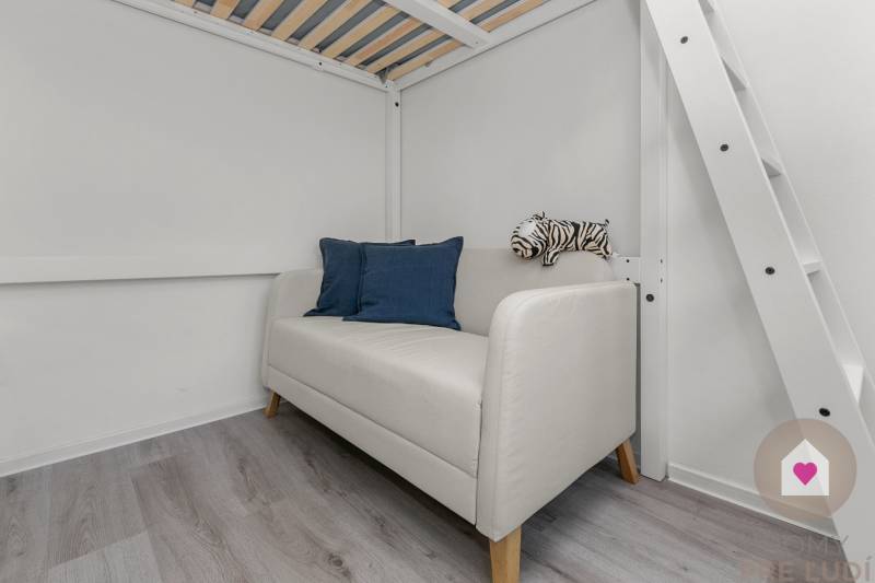 Světlá garsonka s pohovkou, modrými polštáři, dřevěným dekorem a zebrou.