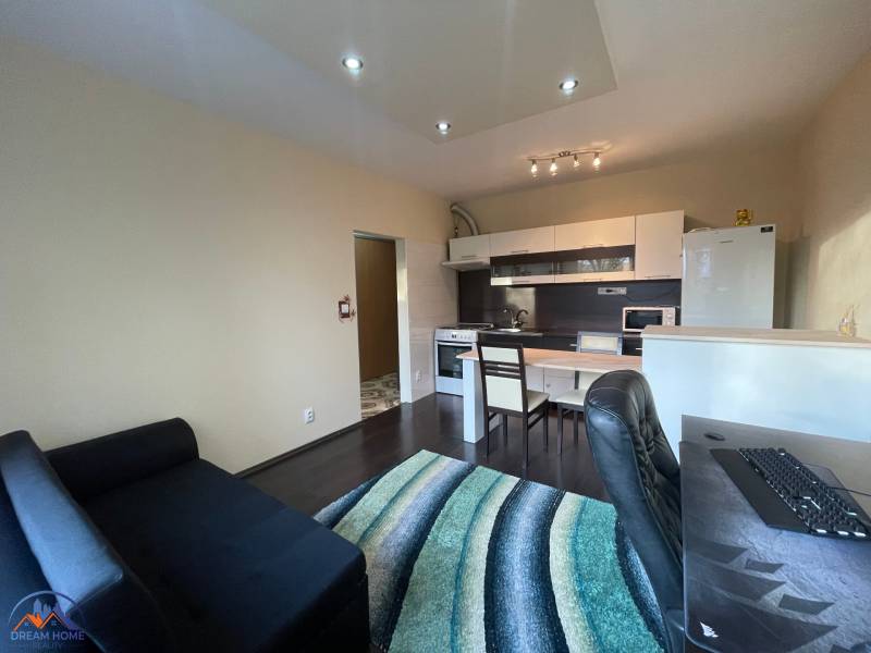 Interiér 1-pokojového bytu s kuchyňským koutem a podlahou s dřevěným dekorem.