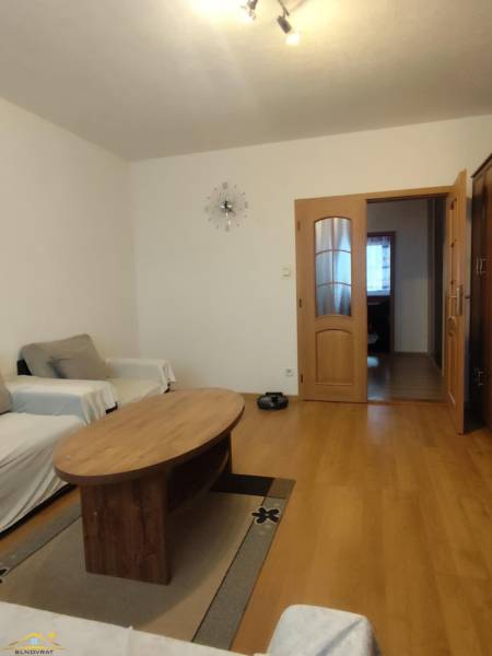 Obývací pokoj s podlahou s dřevěným dekorem, stolkem a dvěma pohovkami, 3pokojový byt.