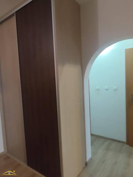 Vestavěná skříň a podlaha s dřevěným dekorem v 3-pokojovém bytě.