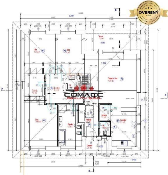Půdorys rodinného domu na ulici Nové Mesto nad Váhom, s terasou a místnostmi.