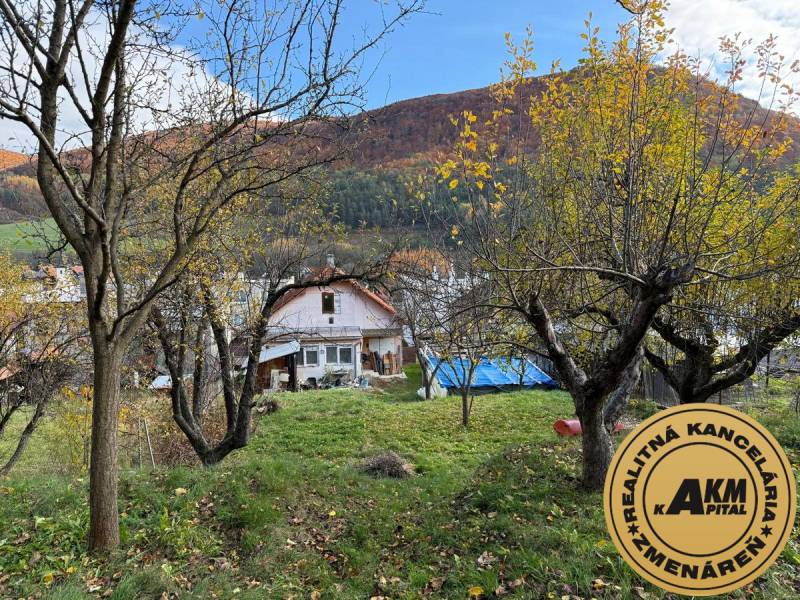 Rodinný dům ve Staré Kremničce s ovocnými stromy na svažitém pozemku.