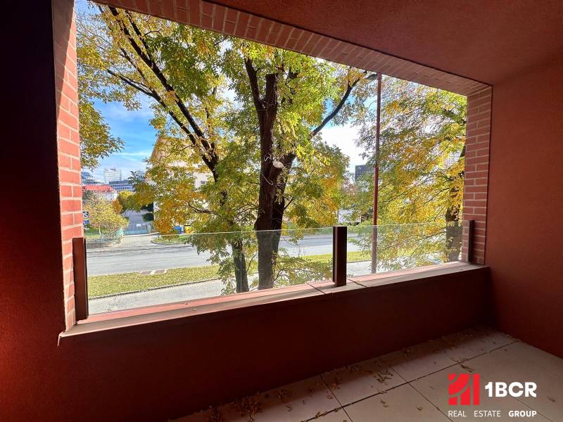 Výhled z balkonu na zeleň a cestu v Bratislavě - Ružinově na Košické ulici.