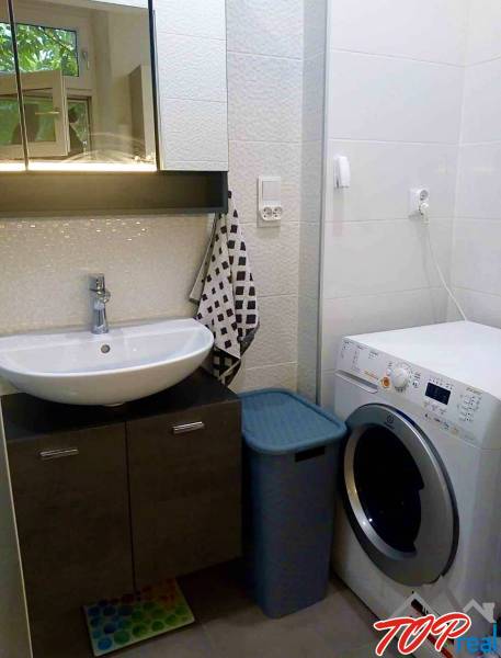 Koupelna v 1-pokojovém bytě se zrcadlovou skříňkou, umyvadlem a pračkou.