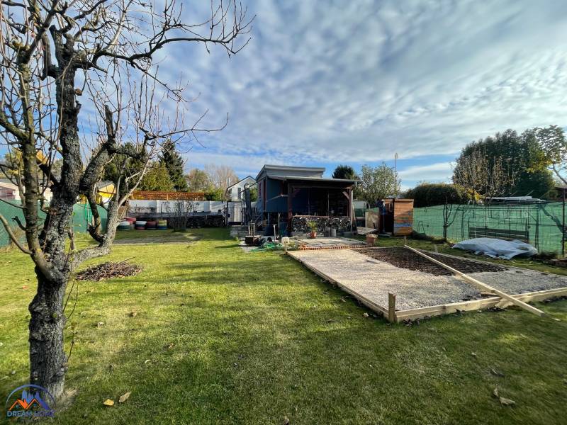 Zahrada u chaty na Nové osadě v Komárně se stromem a trávníkem.