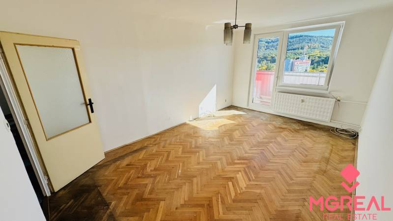 Pokoj s podlahou s dřevěným dekorem v 1-pokojovém bytě, velké okno, dveře s prosklením.