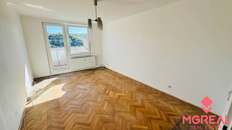 1+kk byt s velkým oknem a podlahou s dřevěným dekorem.