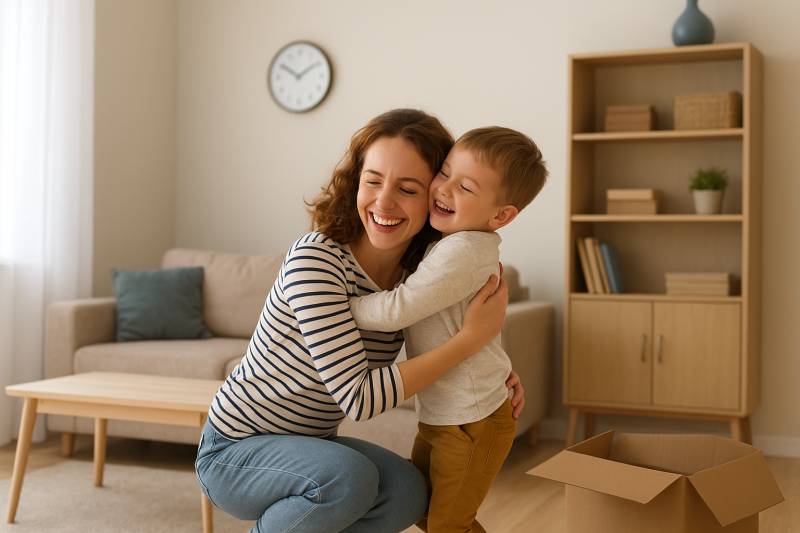 Žena s dítětem v objetí v 1-pokojovém bytě s podlahou s dřevěným dekorem.