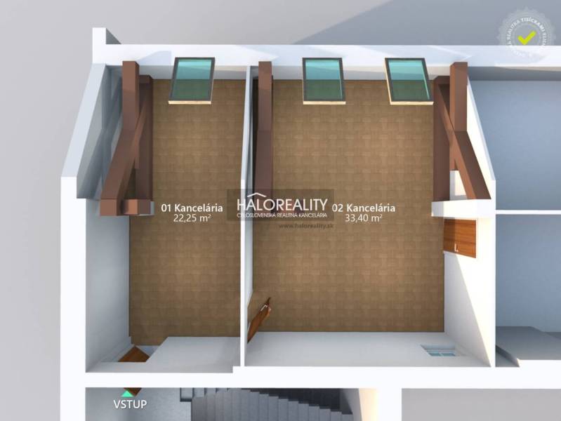 Půdorys kanceláří s podlahou s dřevěným dekorem, rozměry 22,25 m² a 33,40 m².