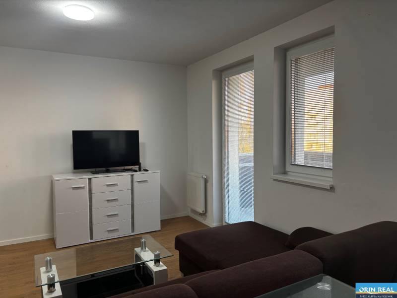 Obývací pokoj v 2-pokojovém bytě s pohovkou, televizorem a podlahou s dřevěným dekorem.