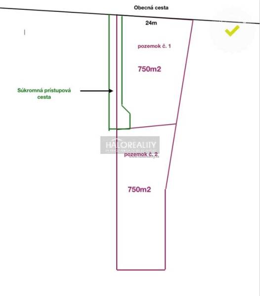 Plán pozemků na bydlení v Dulové Vsi, s přístupovou cestou a rozlohou 750 m².