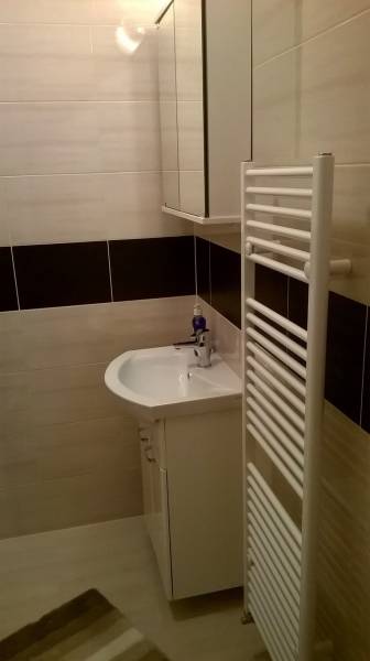 Koupelna garsonky s umyvadlem, zrcadlovou skříňkou a žebříkovým radiátorem.