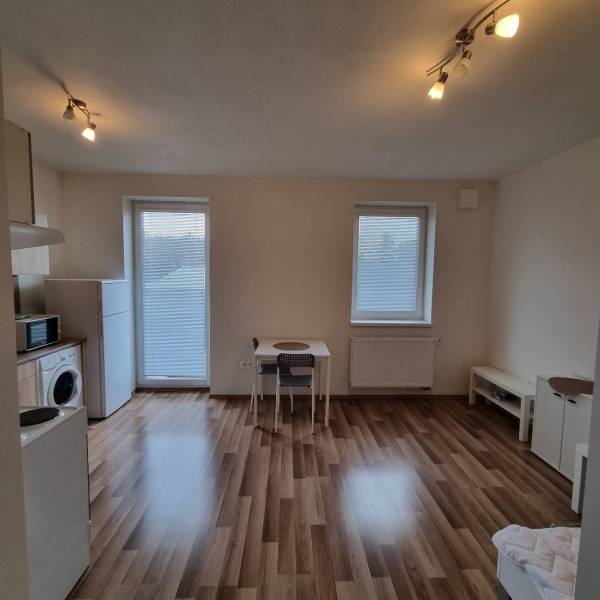 Garsonka s podlahou s dřevěným dekorem, stolem a spotřebiči.