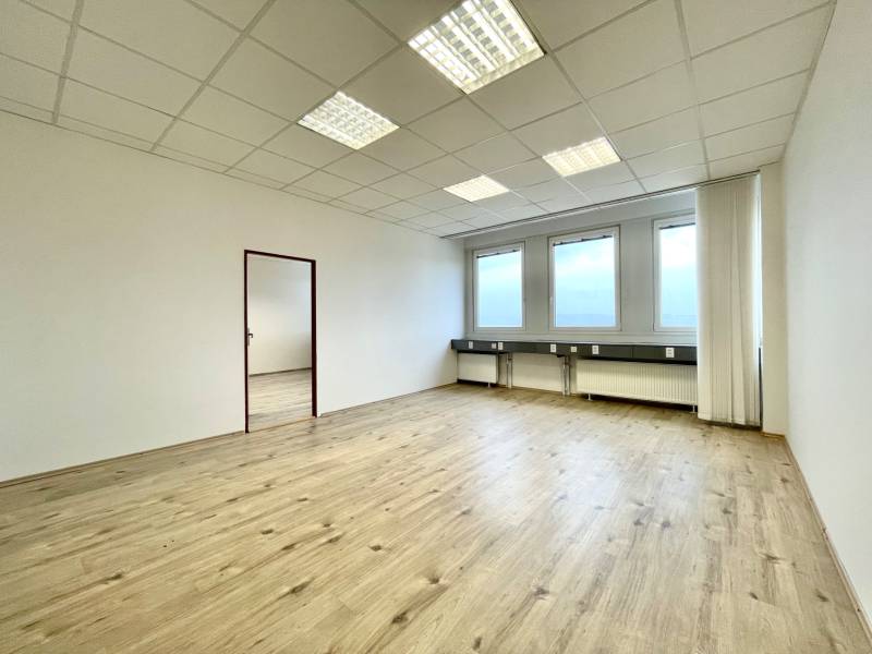 Kancelář s podlahou s dřevěným dekorem a velkými okny, neutrální barvy.