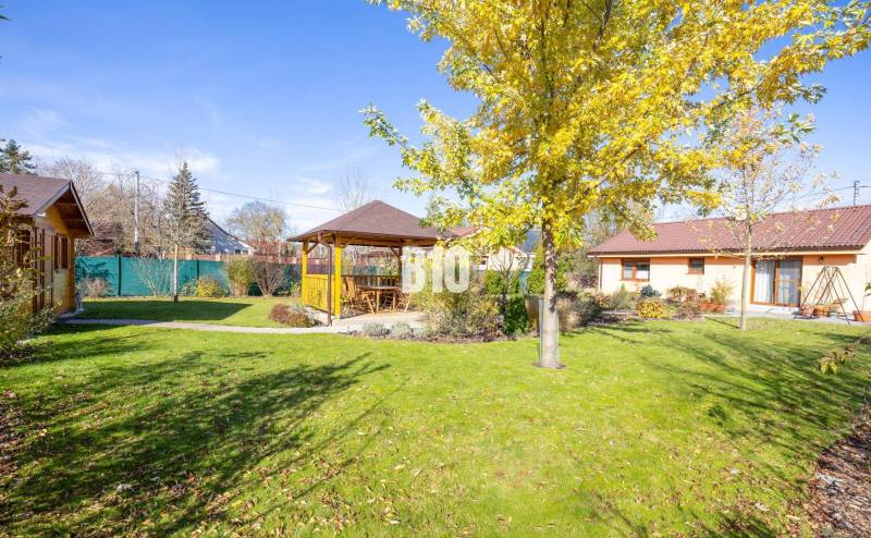 Rodinný dům v Bílkove Humence s altánkem, trávníkem a podzimní zahradou.