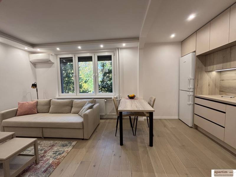 Obývací pokoj s pohovkou, jídelním stolem a kuchyní v 2pokojovém bytě.