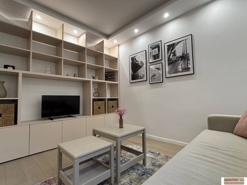 Obývací pokoj v dvoupokojovém bytě s vestavěnou policovou stěnou, dekoracemi a gaučem.