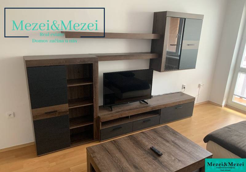 Obývací pokoj s nábytkem a televizorem, podlaha s dřevěným dekorem v 2pokojovém bytě.