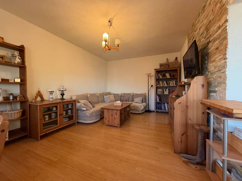 Obývací pokoj s pohovkou, podlaha s dřevěným dekorem, knihovna a televize na stěně.